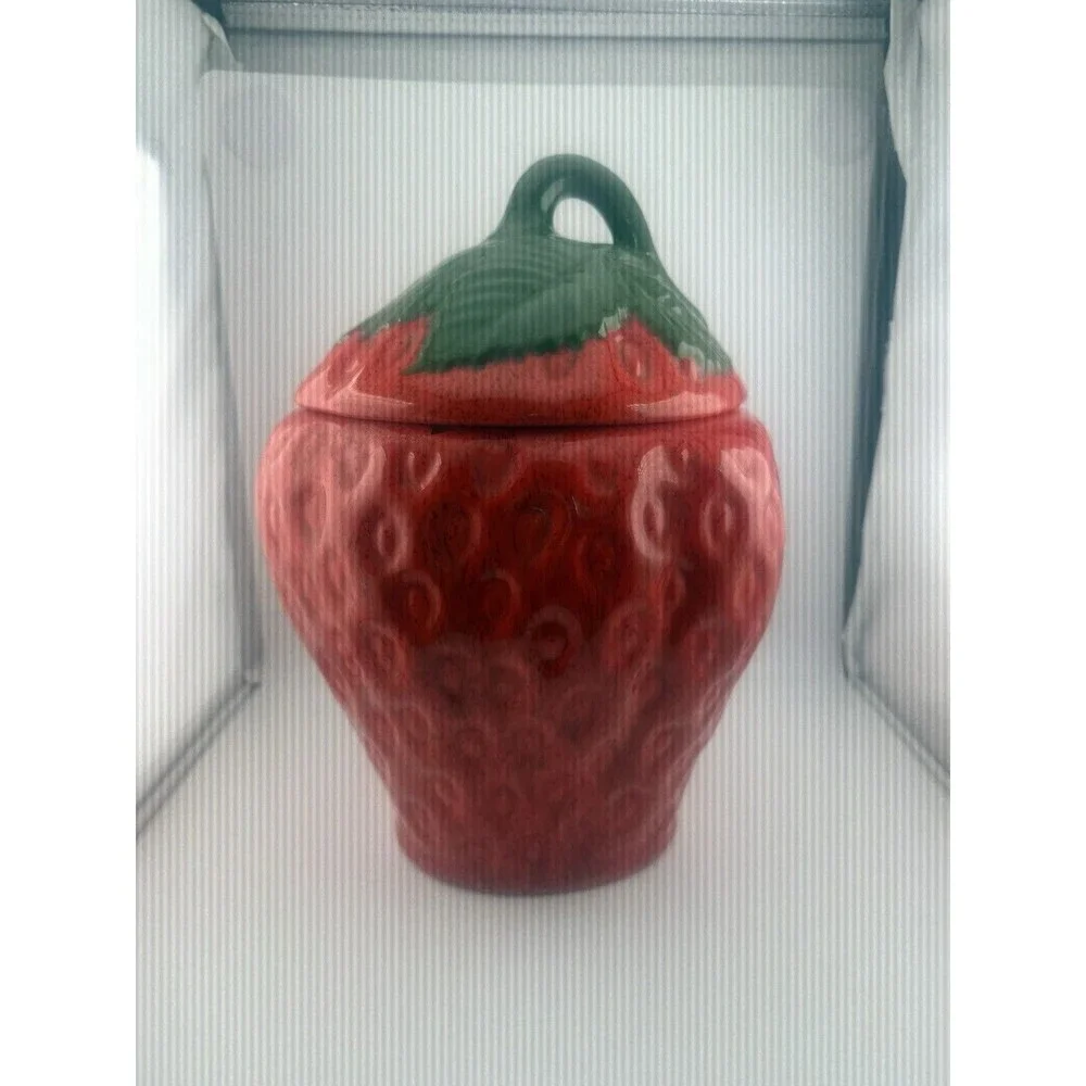 Vintage Red Strawberry Shaped Cookie Jar Canister w/ Leafy Lid 11” tall READ